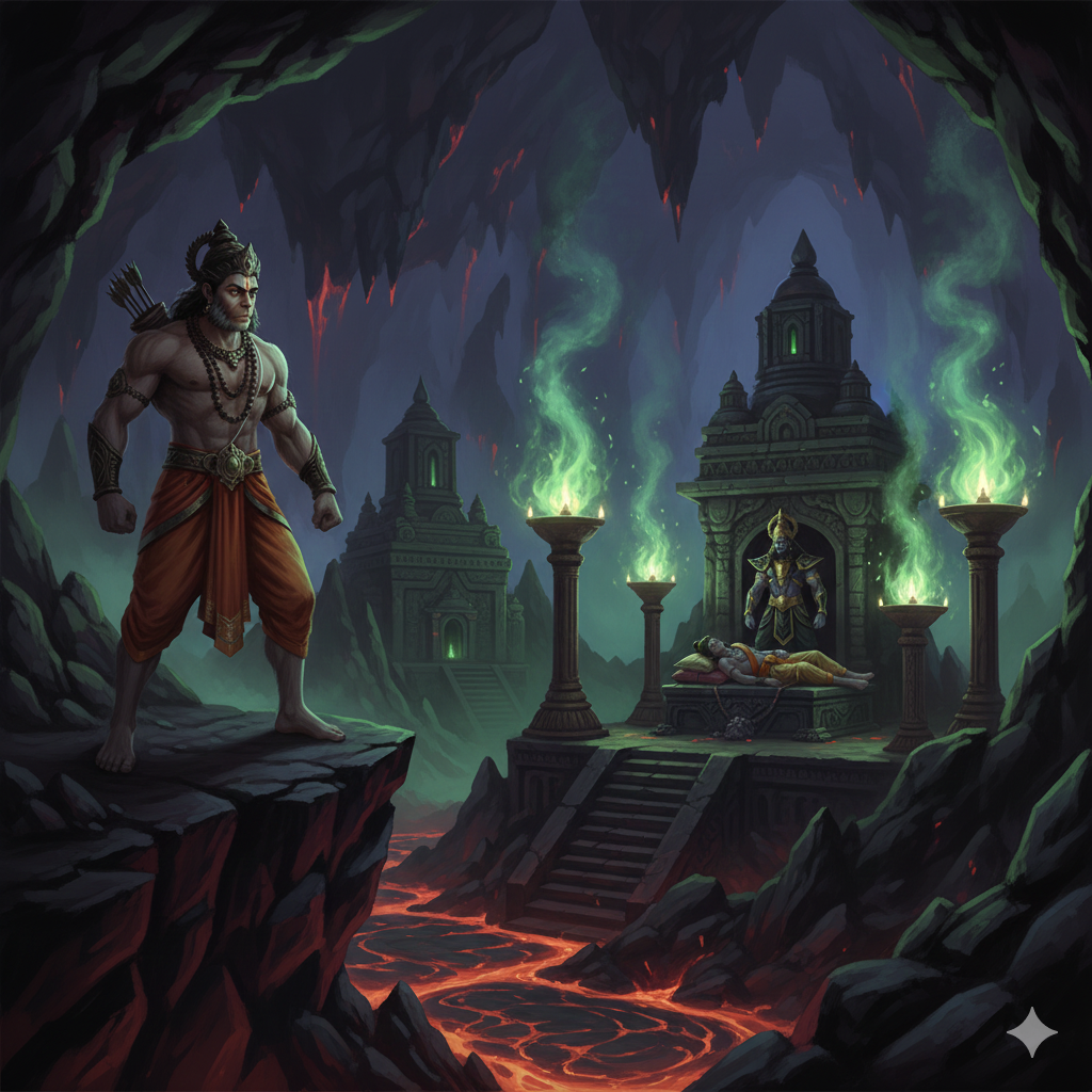 Hanuman arriving in Patala Lok to confront Ahiravana