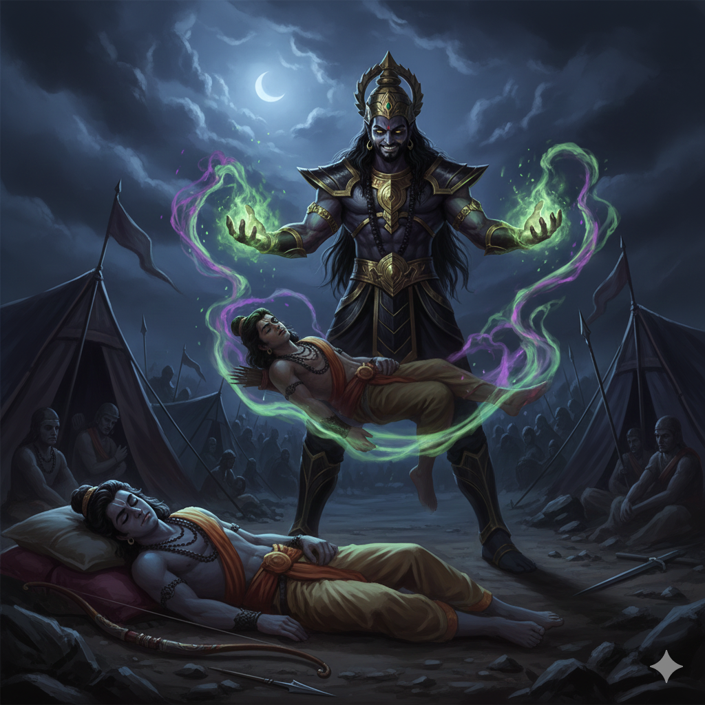 depicting Ahiravana kidnapping Lord Rama and Lakshmana