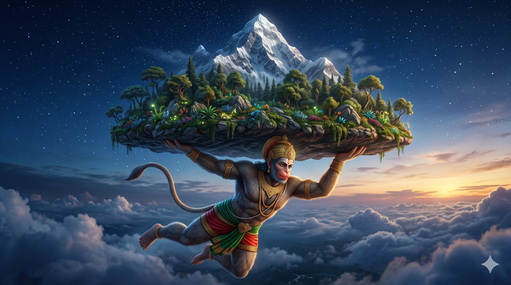 Hanuman flying through the night sky above the clouds, carrying the Sanjeevani mountain