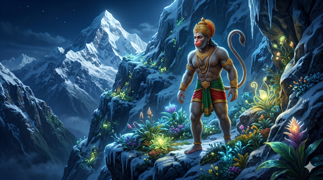 Hanuman on the snowy slopes of Dronagiri at night among glowing Sanjeevani herbs