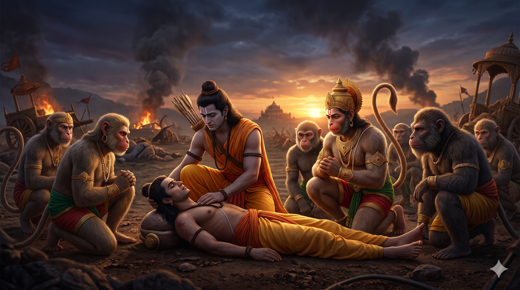 Shri Ram and Hanuman with the vanara army beside the fallen Lakshman on the battlefield of Lanka at sunset