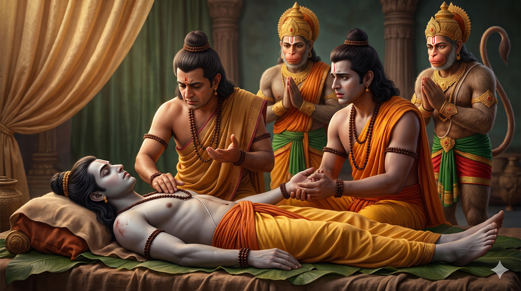 Lakshman lying wounded as the physician Sushena examines him, with Shri Ram and Hanuman at his side