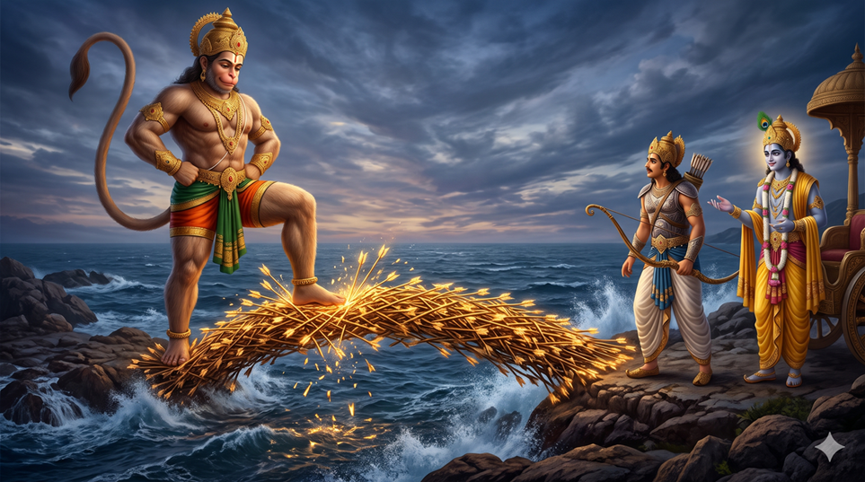 Hanuman standing on a bridge of arrows built by Arjuna across the sea, with Krishna nearby