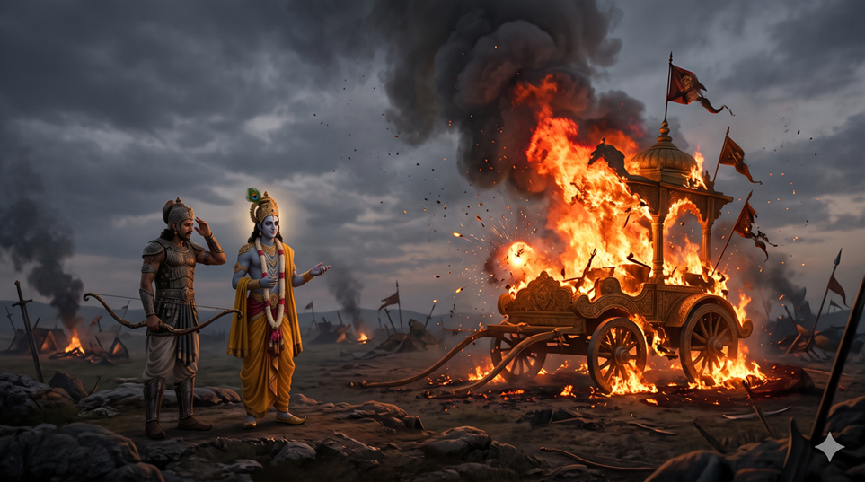 Arjuna's war chariot in flames while Krishna and Arjuna stand safely apart at the end of the war