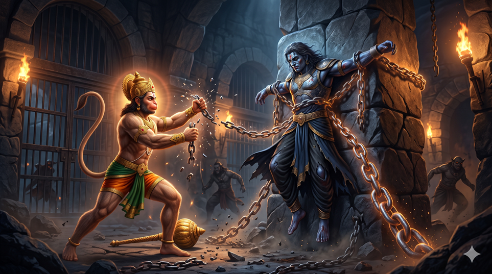Hanuman freeing Shani Dev, who hangs bound in Ravana's prison in Lanka
