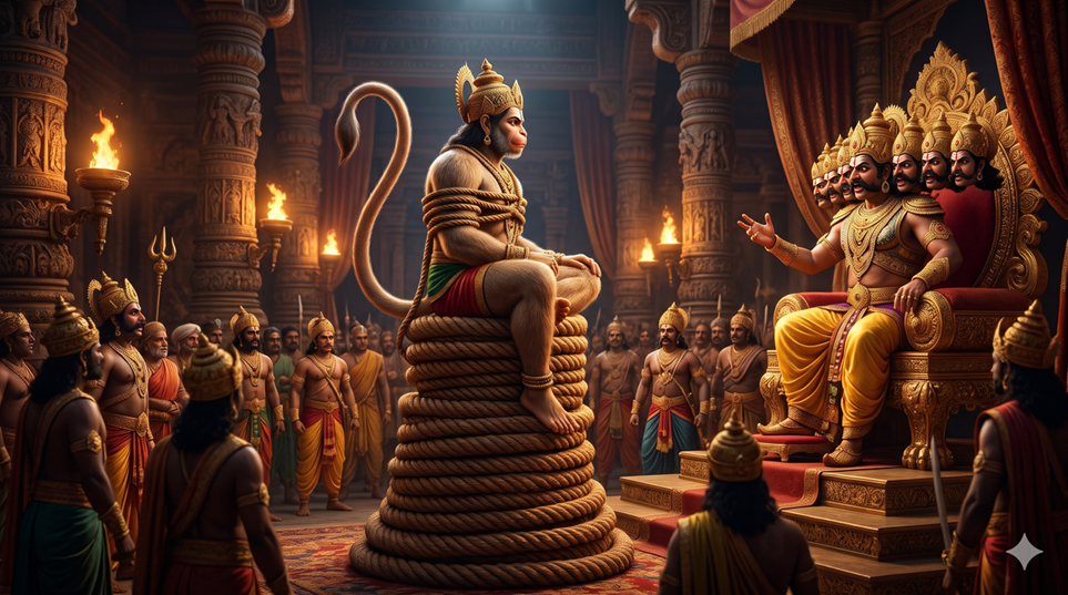 Hanuman seated on a coil of his tail before Ravana in the royal court of Lanka