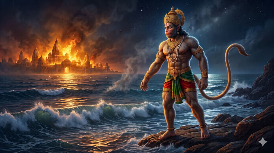 Hanuman leaping across burning rooftops as the golden city of Lanka burns at night