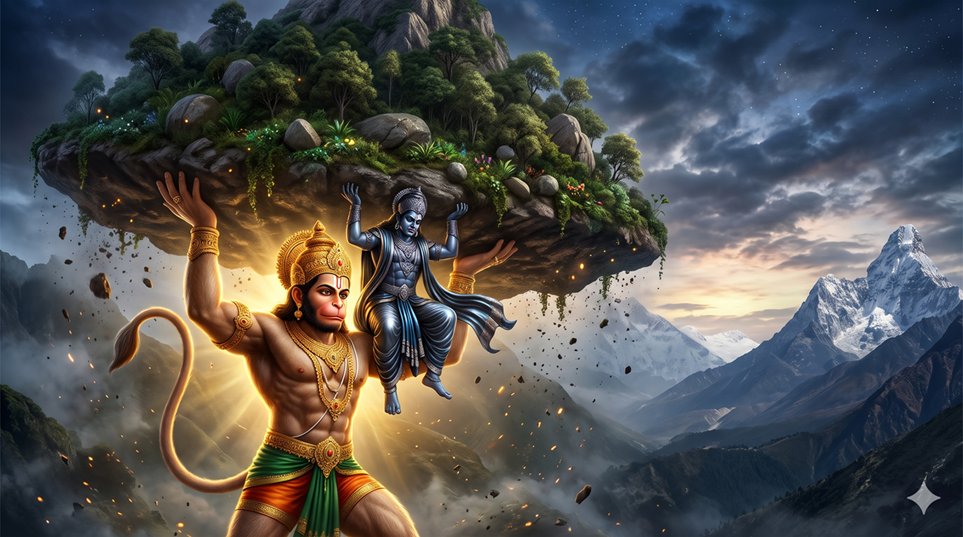Hanuman holding a great mountain on his head while Shani Dev is pressed beneath it