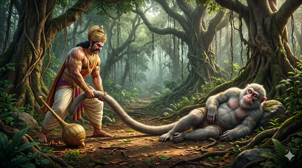 Bhima trying to lift the tail of an old monkey who lies across a forest path, who is Hanuman in disguise