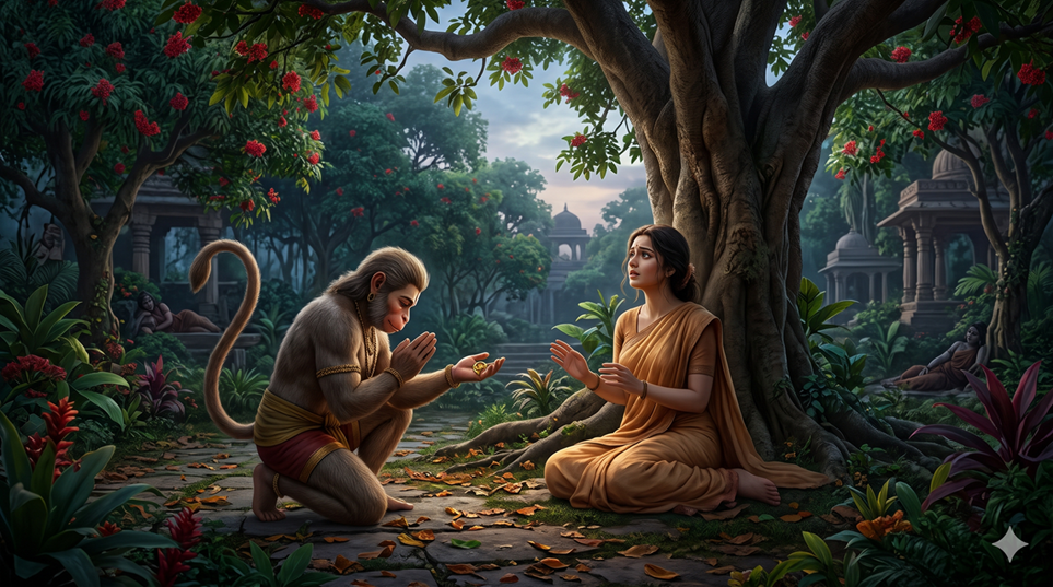 Hanuman bowing before Mother Sita in Ashoka Vatika and offering Shri Ram's ring