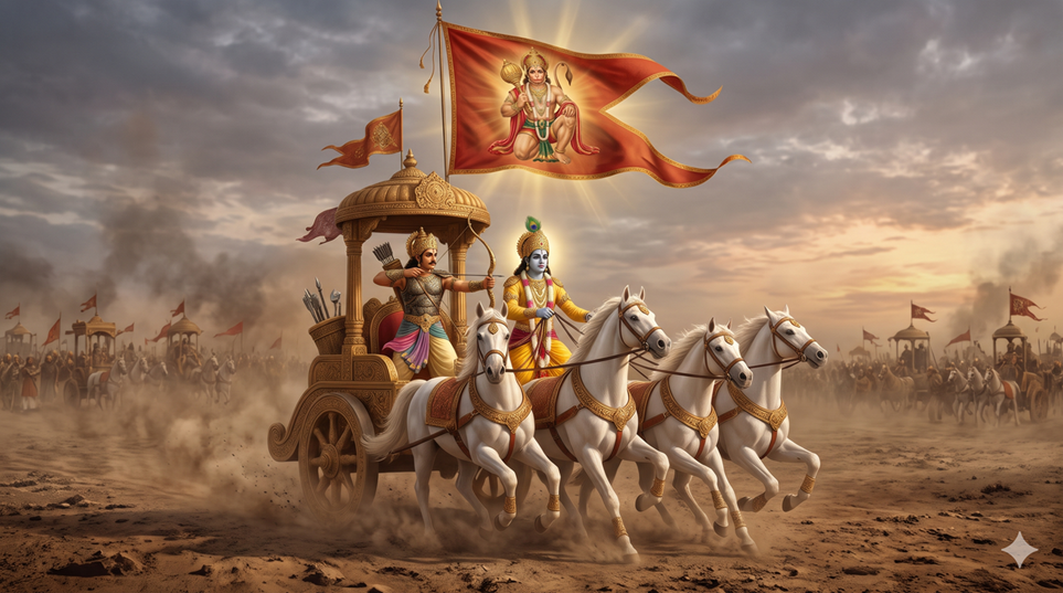 Krishna driving Arjuna's chariot at Kurukshetra, with Hanuman on the banner above
