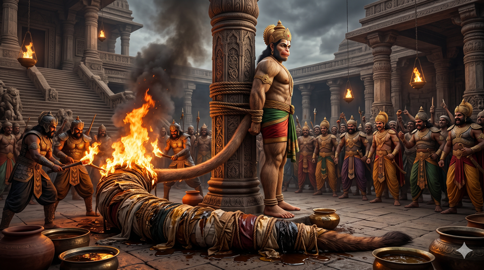 Hanuman standing calm as his oil-soaked tail is set on fire by the rakshasas of Lanka