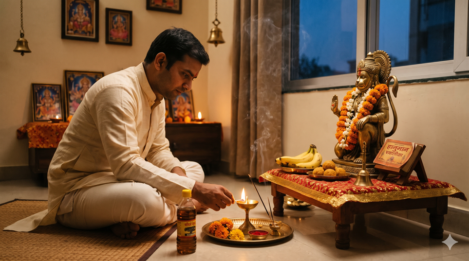 A devotee lighting a sesame oil lamp before a Hanuman idol on a Saturday evening