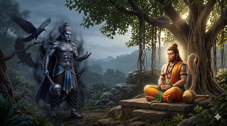 Shani Dev approaching Hanuman, who sits absorbed in service of Shri Ram